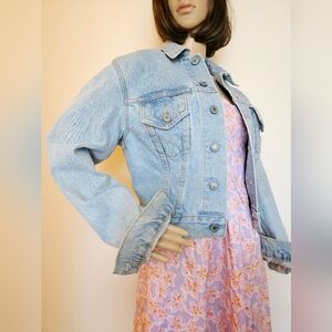 John Galt California Embroidered Light Blue Denim Bomber Jacket S